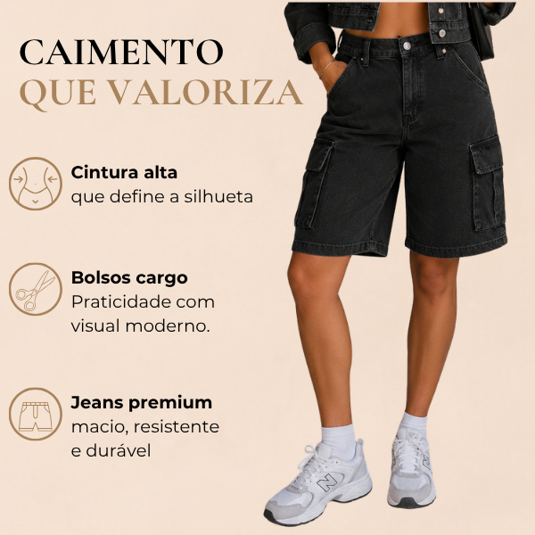 Bermuda Jeans Jorts Feminina Cintura Alta Bolsos Laterais Barra Italiana Versátil Moderno Atemporal — imagem 2 de 2