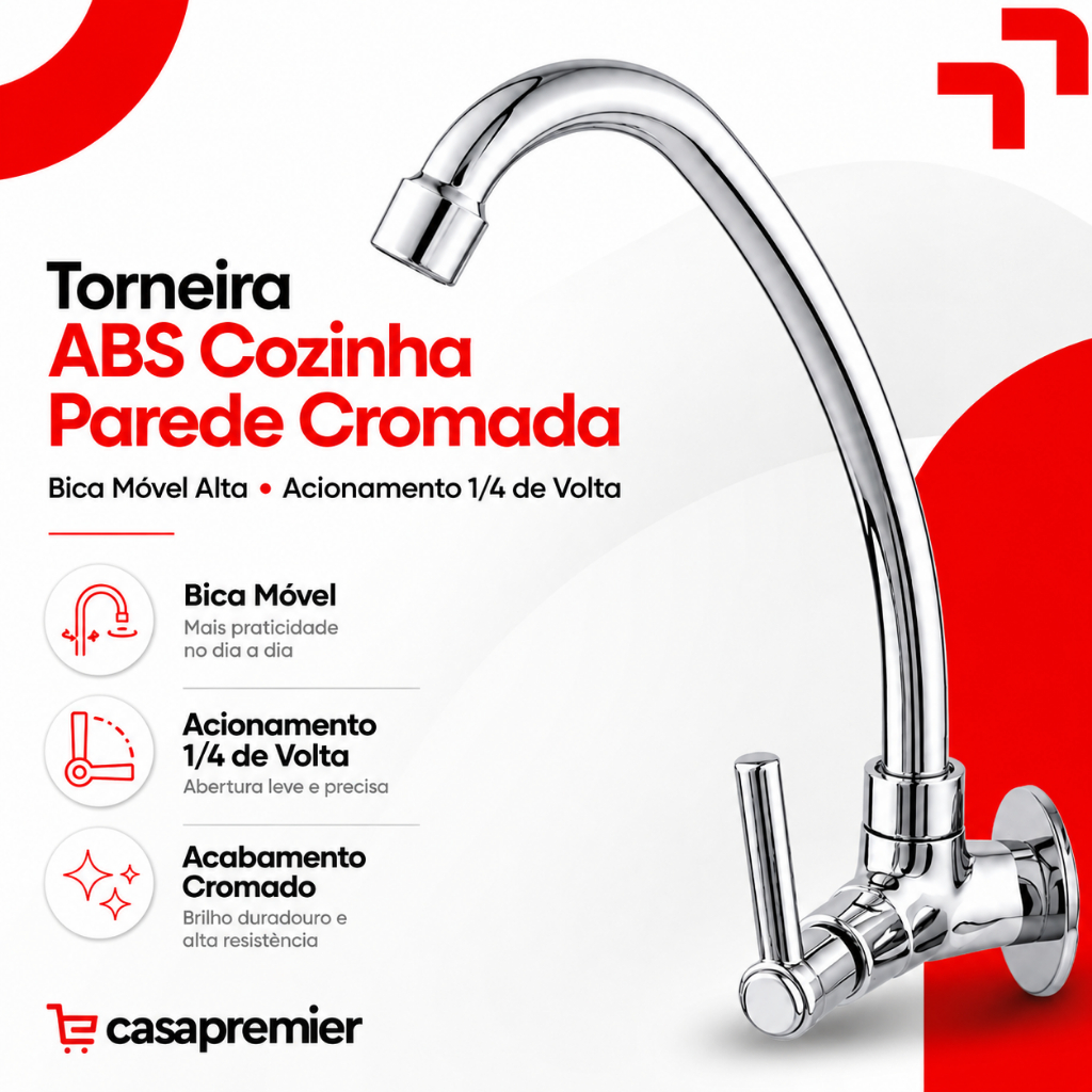 Torneira Abs Cozinha Parede Cromada Bica Móvel Alta Acionamento 1/4 V