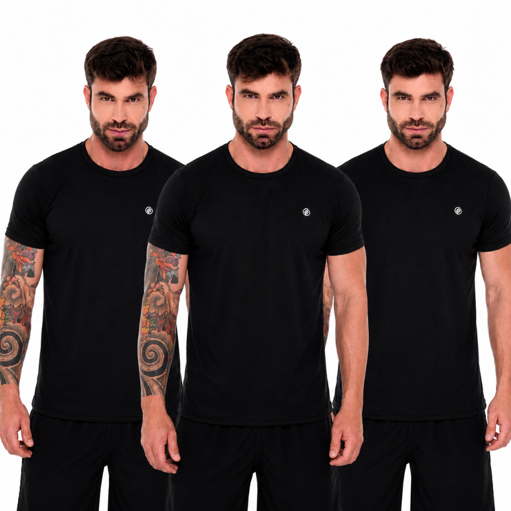 Kit 3 Camisetas Preta Masculino  Dry Fit Respirável Academia e Treino Com Proteção UV.