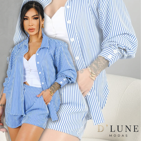 Conjunto Feminino Listrado Camisa com Short Curto Corte Alfaiataria Duna Lisa Botões Frontais