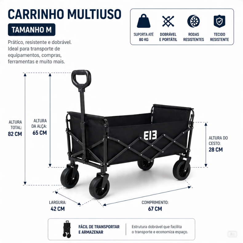 Carrinho de Compras Dobrável Multiuso Reforçado Com Rodas Portátil Tamanho M