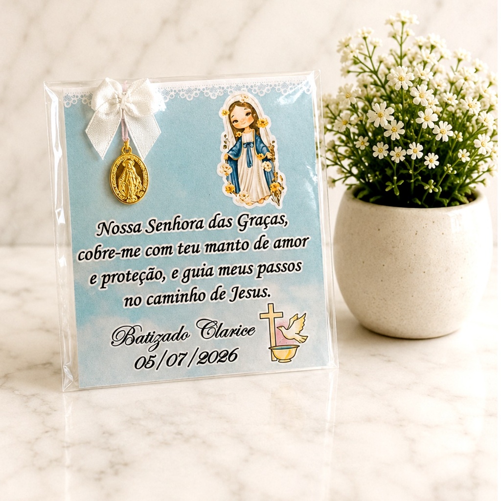 Lembrancinha Personalizada para Batizado Primeira Comunhão Eucaristia Card medalha Nossa Senhora