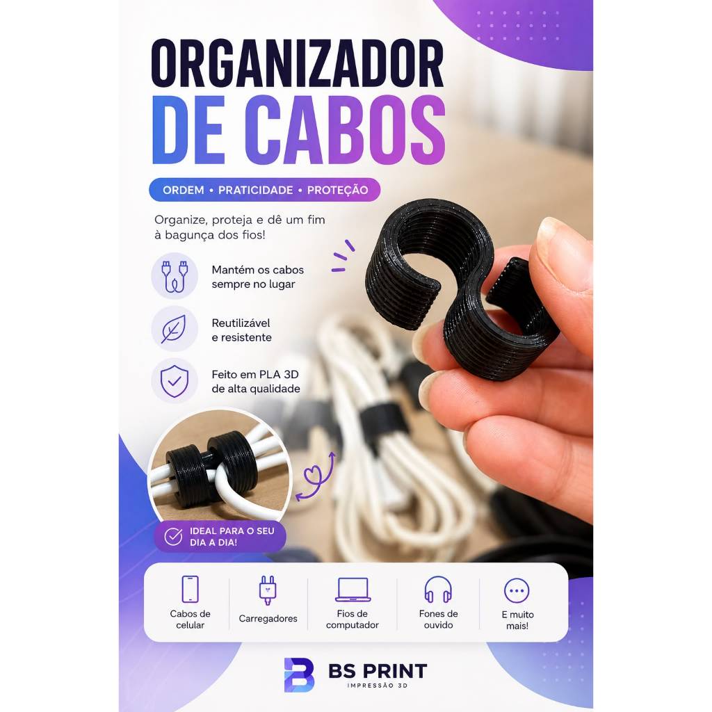 Organizador de Cabos Reutilizável em PLA 3d / Prendedor de Fios para Mesas, Carregadores e Cabos