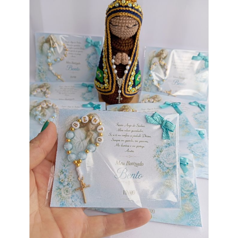 Mini Terço Personalizado para Lembrancinha de Batizado | Com Nome e Oração
