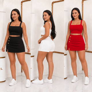 Conjunto Plus Size Feminino Cropped e Short Saia com Botões P M G GG | Tecido Premium Liv…