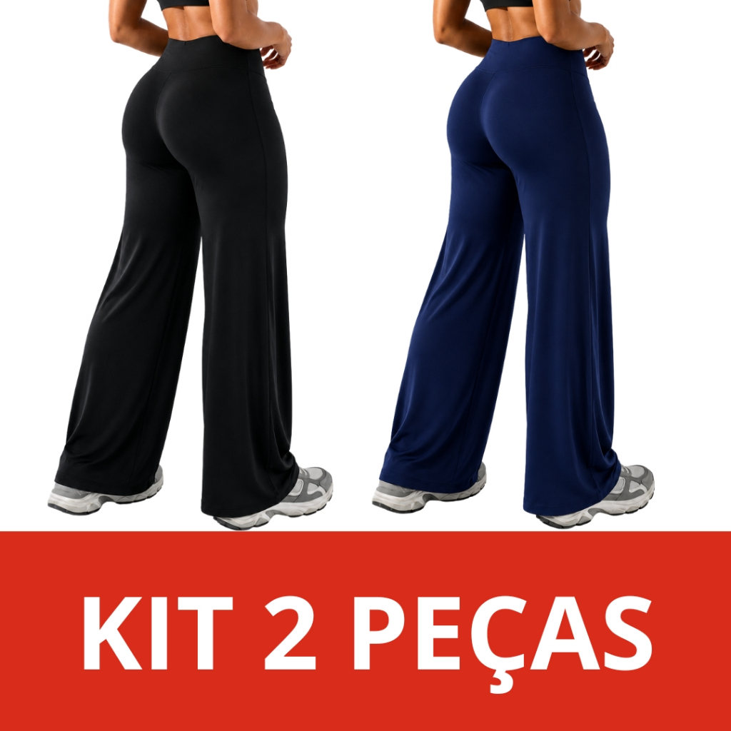 Kit 2 Calças Feminina Wide Leg Cintura Alta Pantalona Confortável Treino Academia Yoga