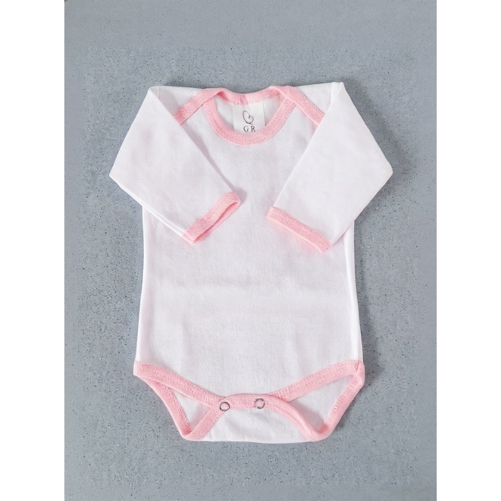 Body infantil bebê manga longa, menina branco com viés rosa, tecido suedine 100% algodão.