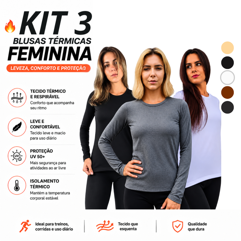 Kit C/ 03 Blusas Feminina Peluciadas Térmicas Segunda Pele Costura Reforçada