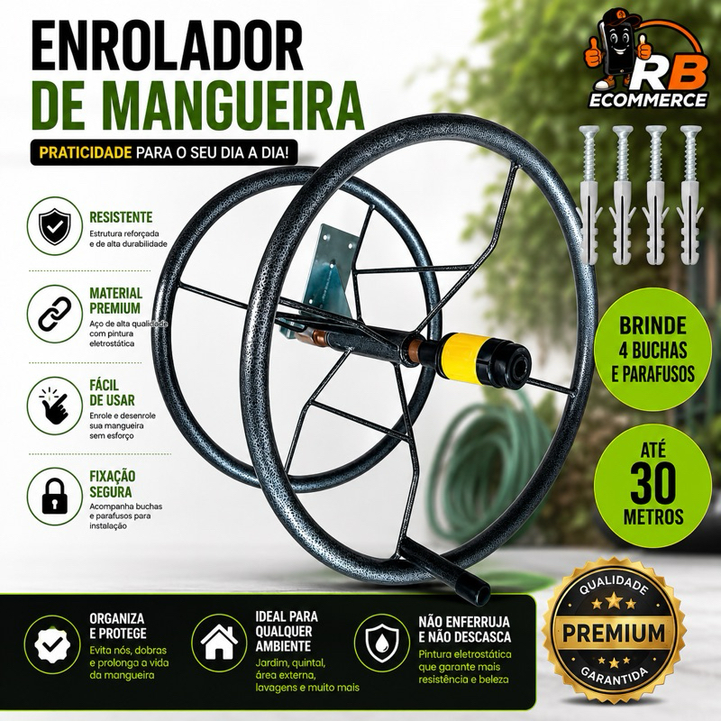 Suporte Mangueira Jardim Externo Organizador Giratório Enrolador Mangueira 30m + Buchas Parafusos