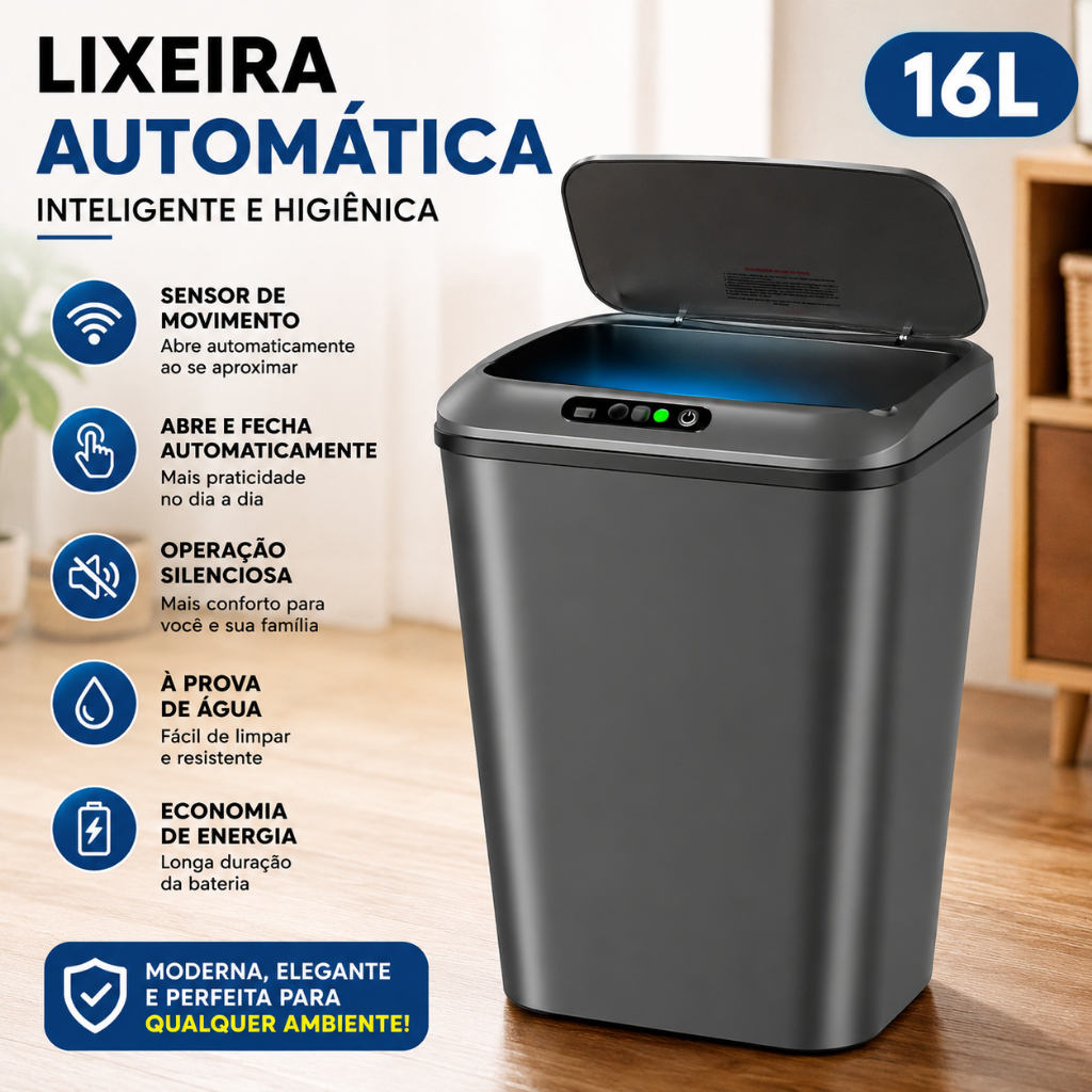 Lixeira Inteligente Capacidade 16L Recarregável Automático Com Sensor Na Tampa Para Sala Cozinha Escritório