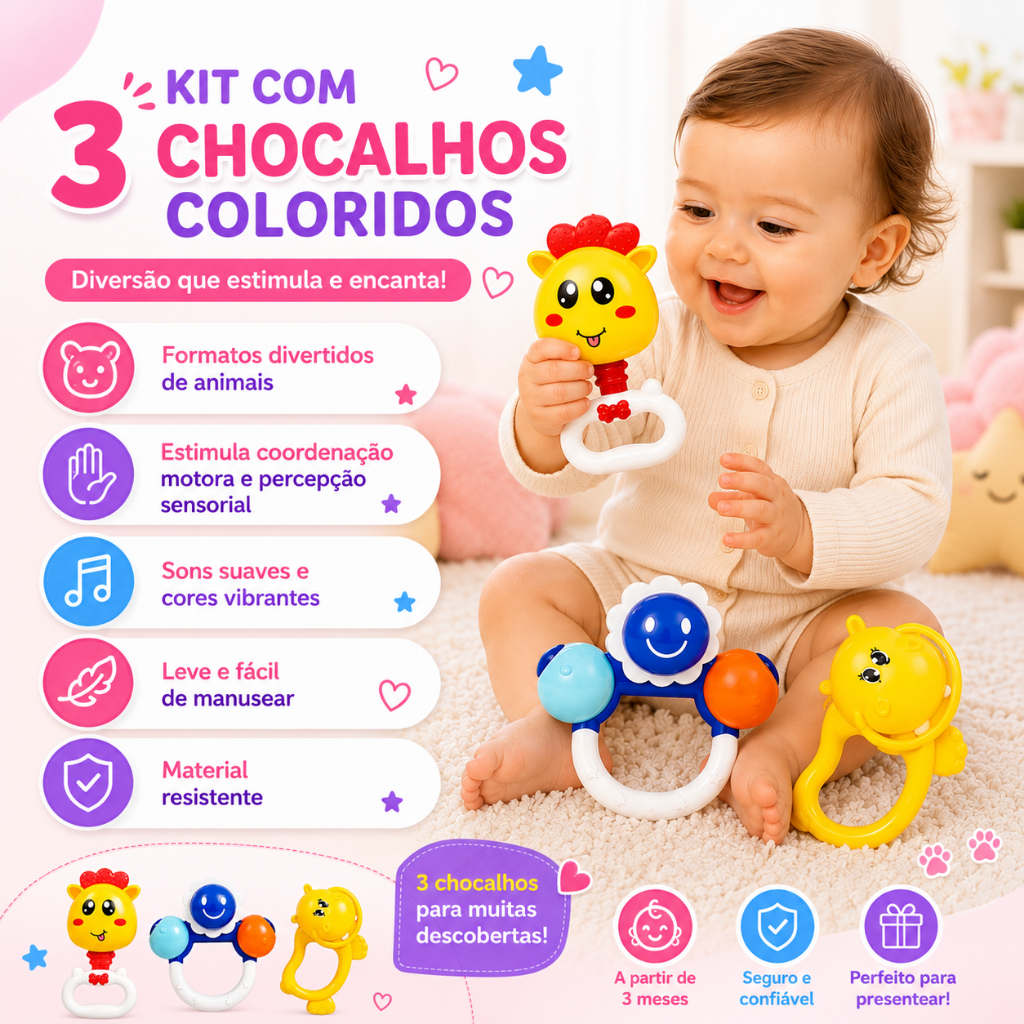 Kit 3 Chocalhos Bebê Sensorial Educativo Colorido Brinquedo Infantil Mordedor Desenvolvimento Motor Musical