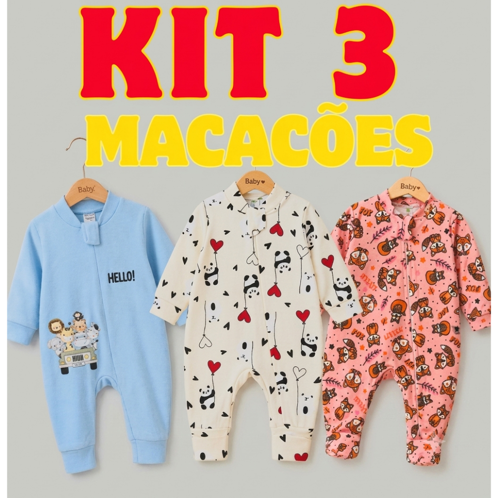 Kit 3 Macacão Infantil Vira Pé Bebê Estampado Menino Menina 100% algodão Pijamas inverno, frio