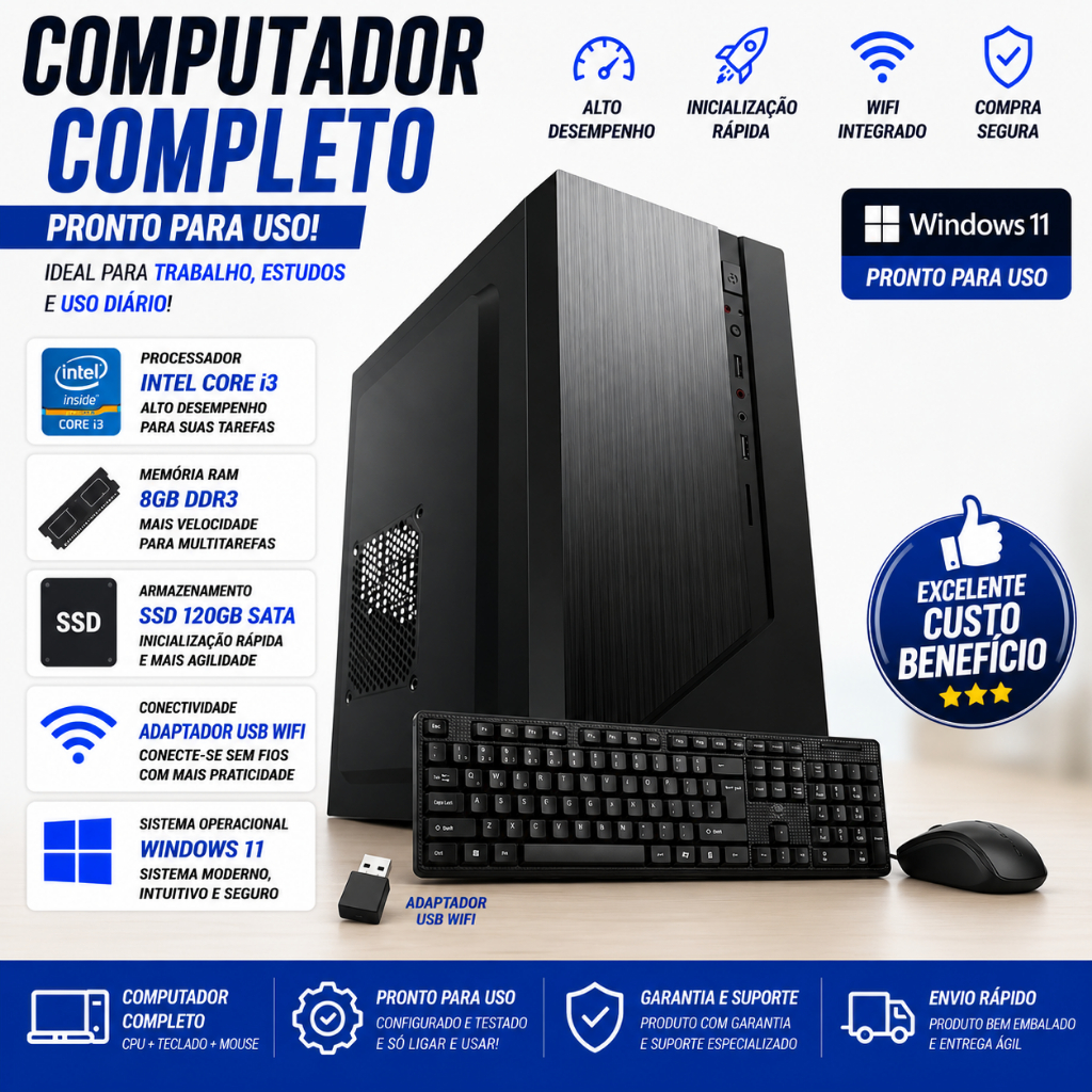 COMPUTADOR WINDOWS 11 CPU INTEL I3 SSD 120GB SATA 8GB DDR3 + WIFI