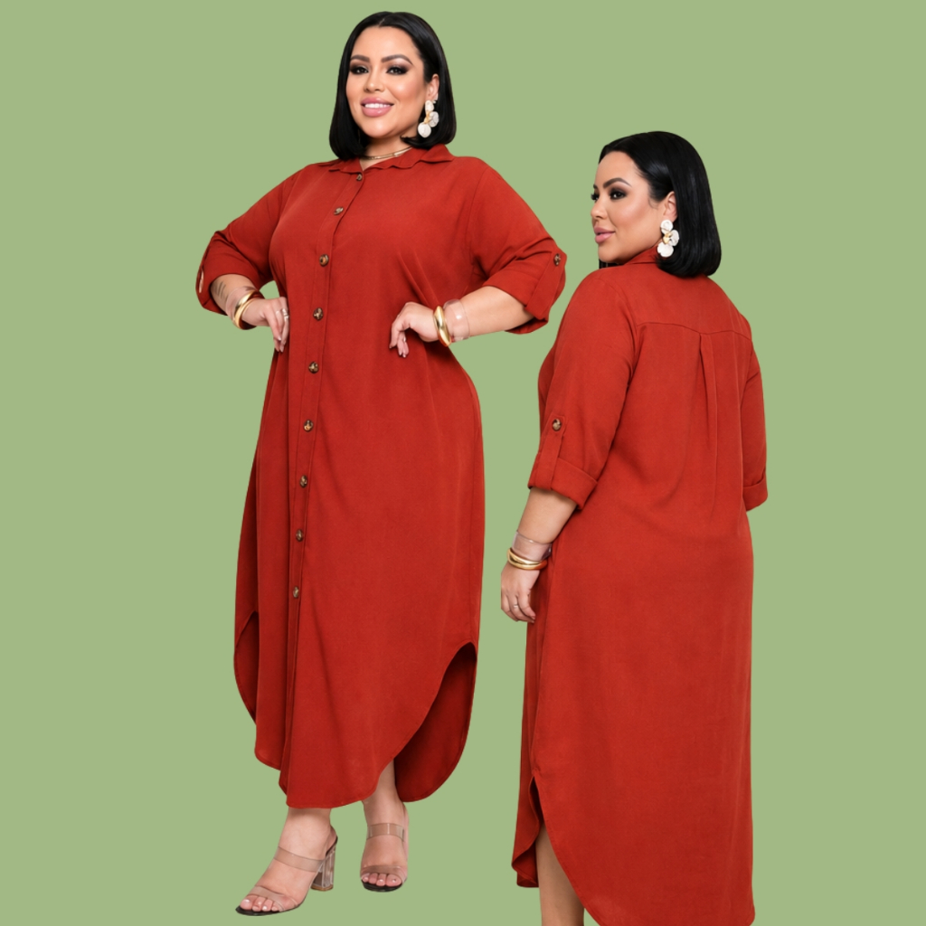 💕Vestido Chemise Com Botão Plus Size Barra Redonda/CAMISÃO Liso Visco Linho -Envio imediato💕 — imagem 2 de 2