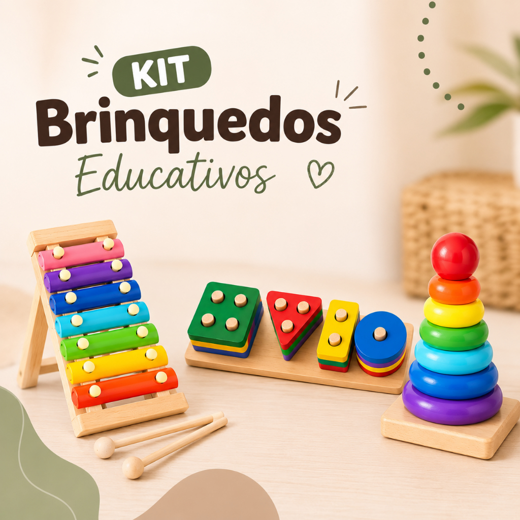 Kit Brinquedos Pedagógico Infantil MDF Encaixe Formas Geométricas Coordenação Motora