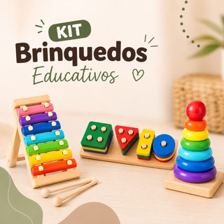 Kit Brinquedos Pedagógico Infantil MDF Encaixe Formas Geométricas Coordenação Motora