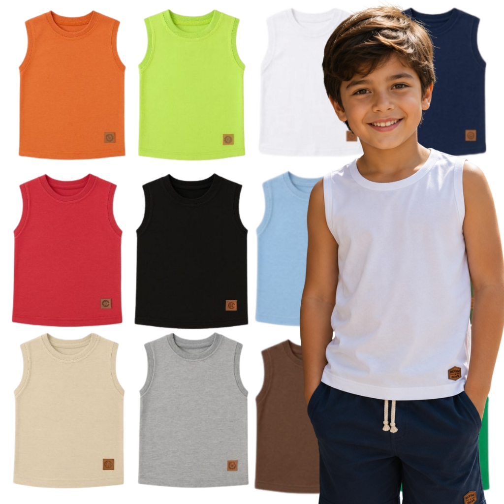 Kit 5 Regata Infantil Masculina 100% Algodão Menino Camiseta Sem Manga Verão Confortável Cores Sortida