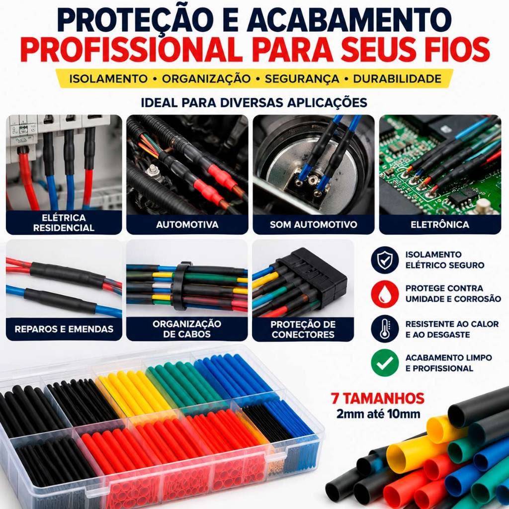 Kit Tubo Espaguete Termoretrátil 2mm Até 10mm 280 Peças Elétrica Auto Isolamento Seguro