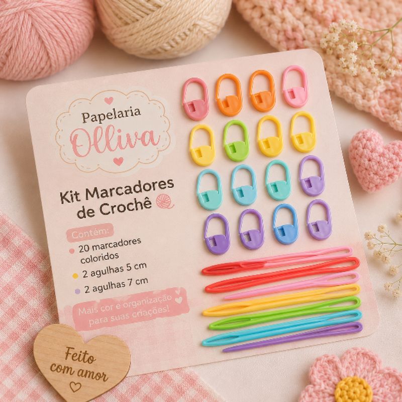 kit com 20 marcadores de crochê + 4 agulhas