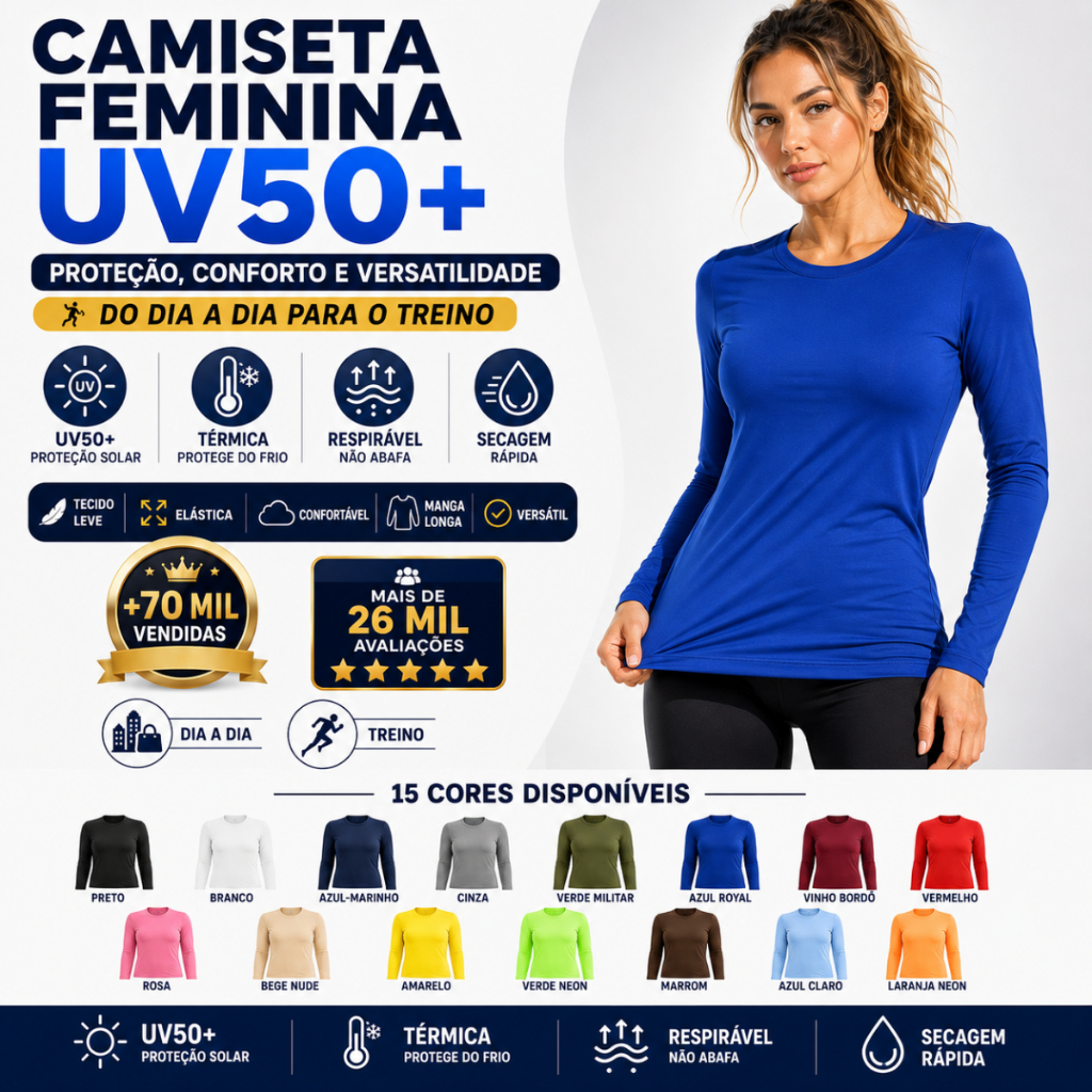 Camisa Feminina Proteção Solar Uv+50 Camiseta Segunda Pele Térmica Longa Moda Praia Promoção Blusa