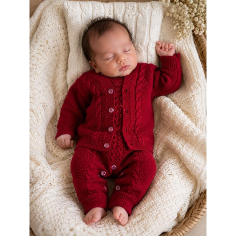 Conjunto Salopete Trança + Casaquinho Tricot Luxo Recém Nascido Saída Maternidade Tricô Bebê Menino Menina