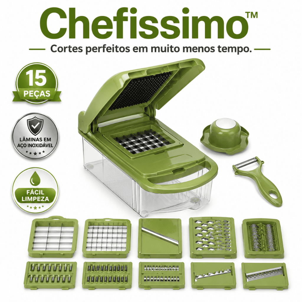 Cortador de Legumes Multifuncional 15 Peças Ralador Fatiador Mandoline com Lâminas Inox Chefissimo