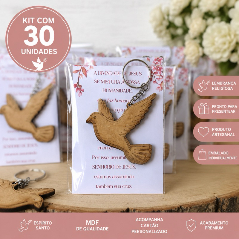 Kit 30 Chaveiros Espírito Santo em MDF com Cartão Personalizado | Lembrancinhas Religiosas para Batizado, Crisma ,