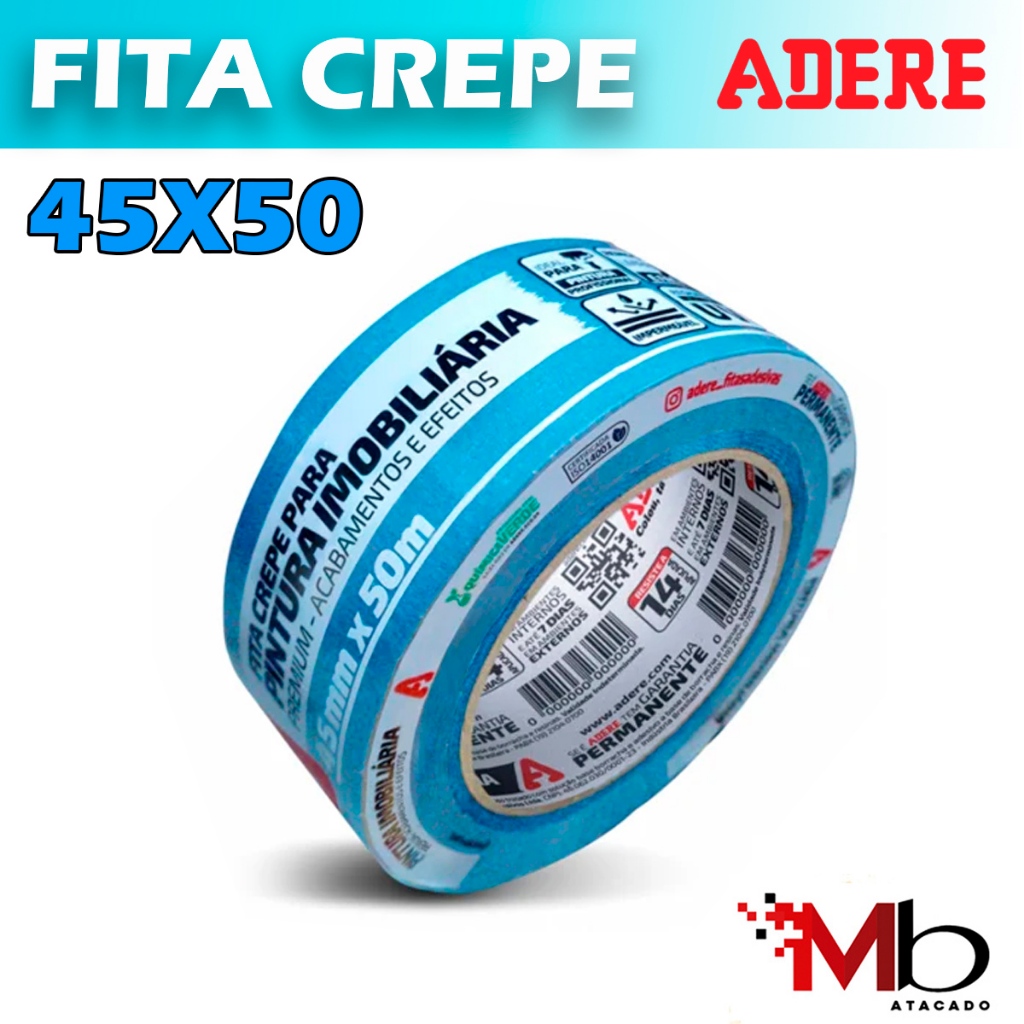 Fita Crepe Pintura Imobiliária Azul Neon Adere 45mm X 50m Uso Externo e Interno