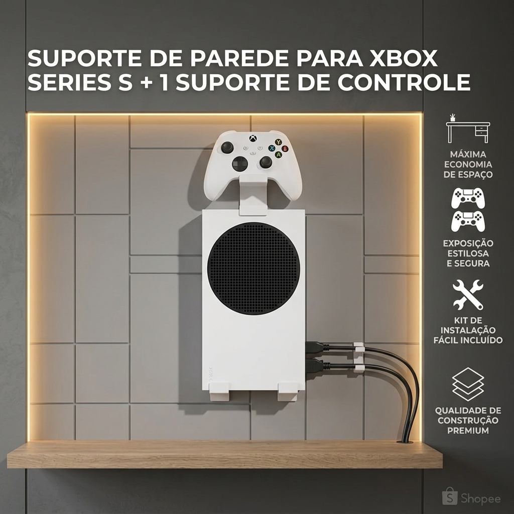 Suporte de Parede para Xbox Series S + 1 Suporte Para Controle + Kit Instalação