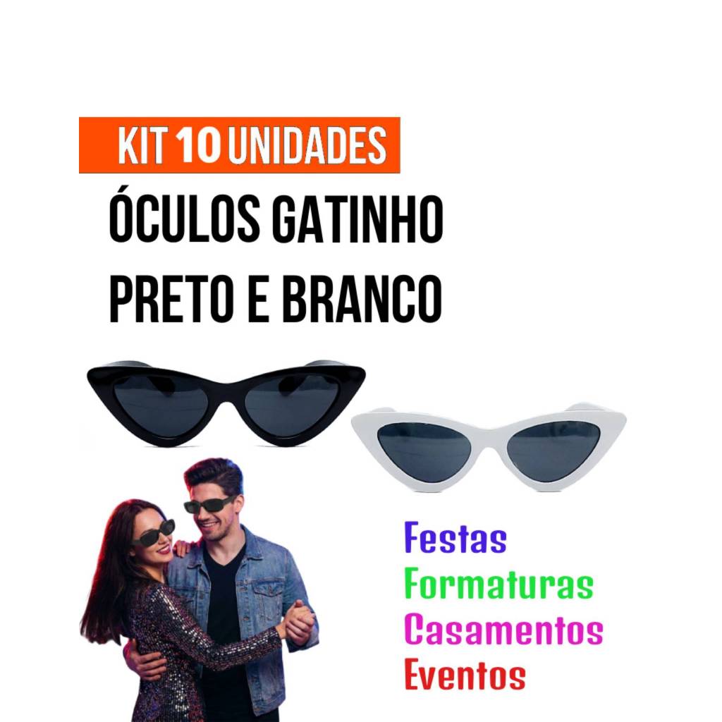 Kit 9 Oculos Gatinho Preto e 1 Branco Festa Casamento Evento