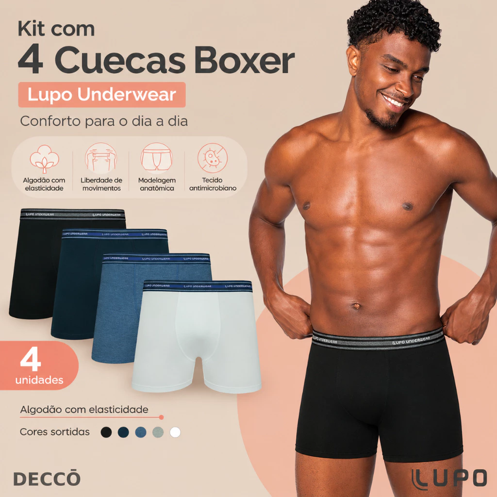 Kit De 4 Cuecas Originais Lupo Boxer Box Básica Em Algodão Cotton Com Elastano