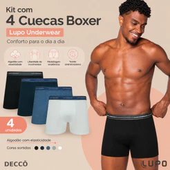 Kit De 4 Cuecas Originais Lupo Boxer Box Básica Em Algodão Cotton Com Elastano