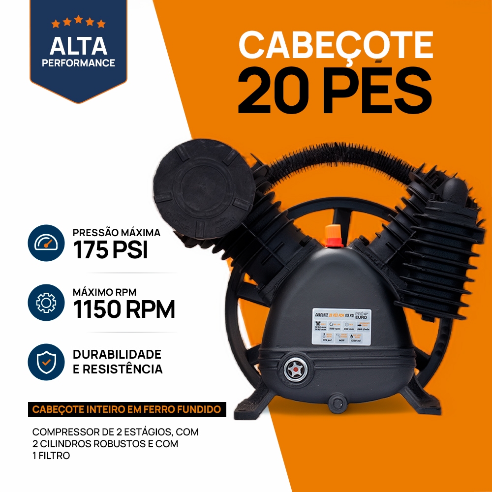 Cabeçote Compressor de Ar 20 Pés 5CV Ferro Fundido 175Psi Alta Performance - Pró Euro