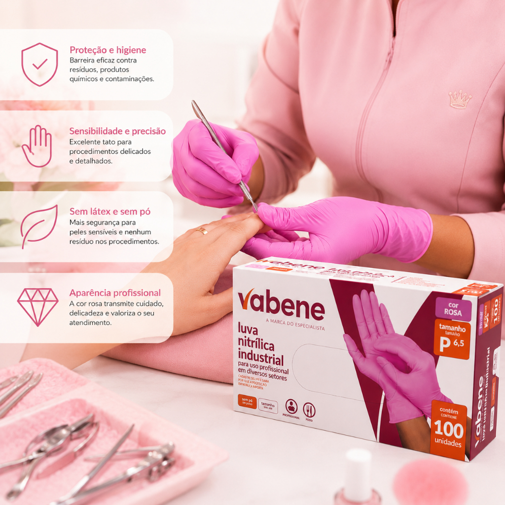 Luva Rosa Nitrílica Descartável S/Pó P M G 100un Clínica Estética Podóloga Sobrancelha Unha Lash — imagem 2 de 2