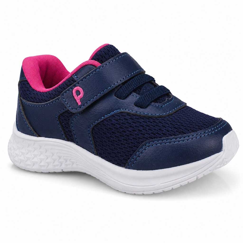 Tênis Infantil Jogging Menina Pequito Fechamento Calce Fácil Escolar Azul Marinho Pink 5206