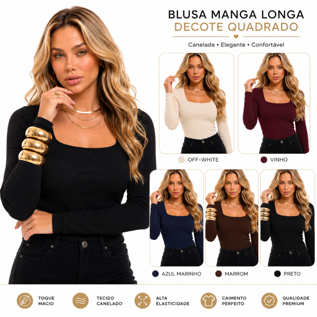 Kit Blusas Femininas Caneladas Manga Longa Decote Quadrado Básicas Casuais Elegantes Inverno