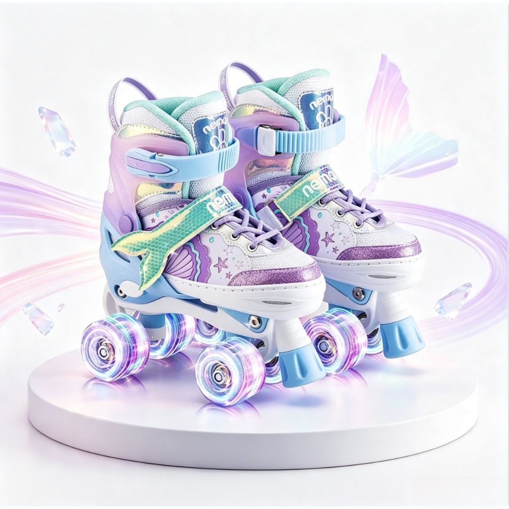 Patins De 4 Rodas Infantil Roxo Sereia Com Freios Com Led Ajustavel Meninas
