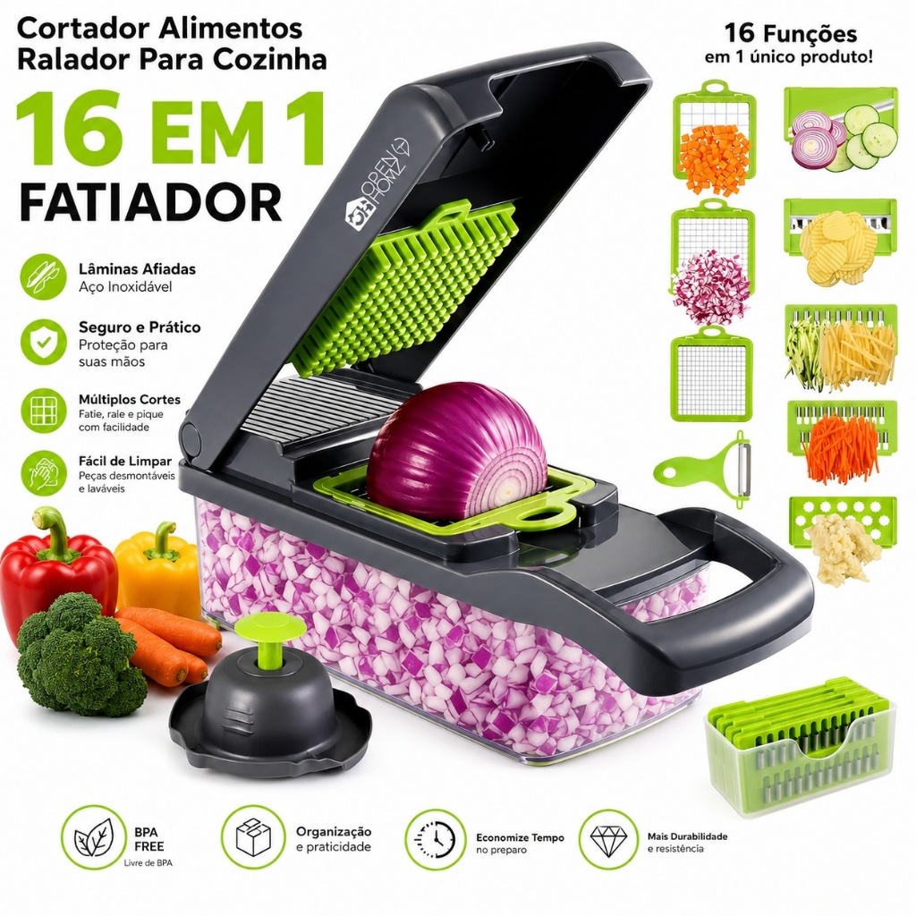 Cortador Ralador Fatiador Legumes Queijo Frutas Picador Profissional Lamina Aço 14 Peças Mandoline