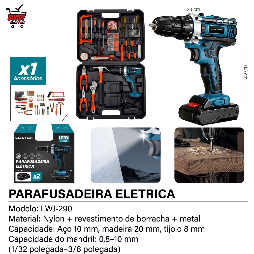 Kit Parafusadeira de Impacto 21V com Maleta de Ferramentas Completa 2 Baterias Luatek LWJ-290
