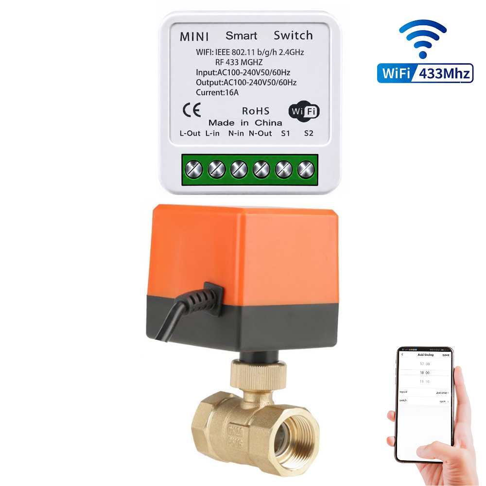 Válvula Automática Motorizada Vazão Esfera + Mini Módulo Temporizador Função Wifi
