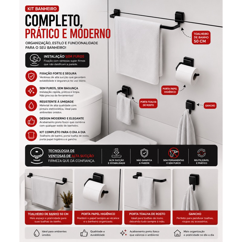 Kit Banheiro 4 Peças Com Ventosa Sem Furo Preto Fosco Completo