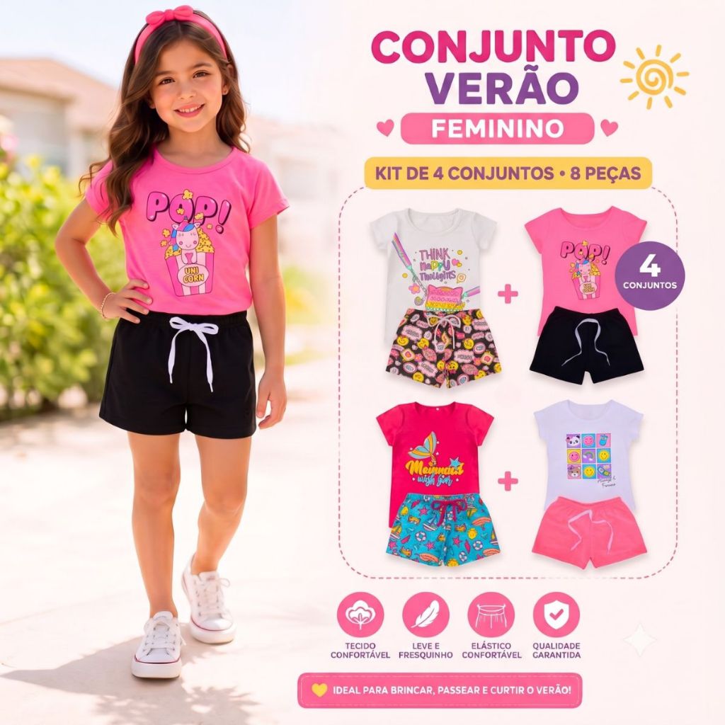 Kit Sortido 8 Peças de Roupa Infantil Feminino Menina Conjunto Verão 4 Blusas 4 Shorts Personagem