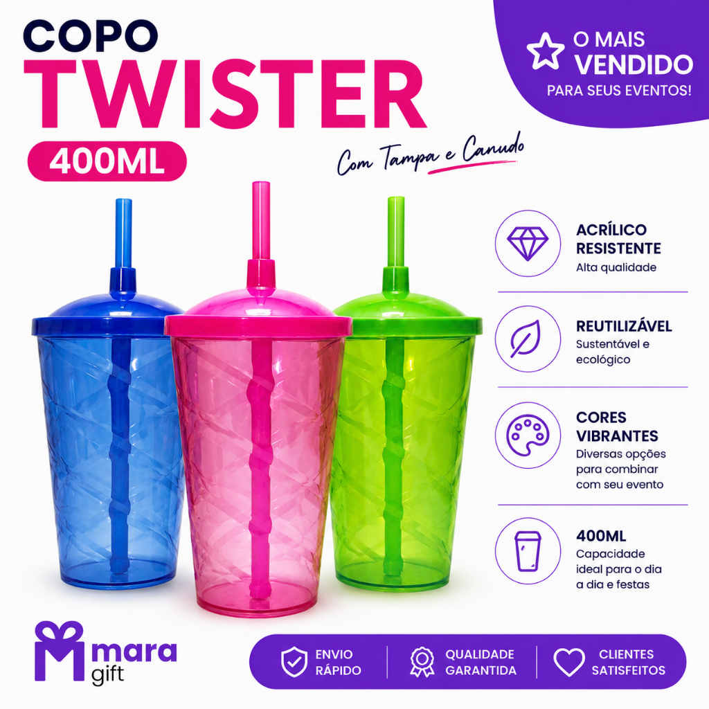 5 à 20 Copos Twister 400ml, Para Festas, Coloridos Com Tampa E Canudo coloridos, Copos Plásticos