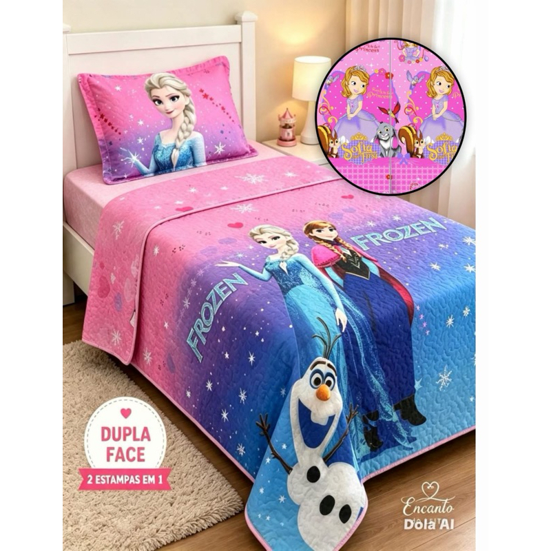 Cobre Leito Colcha Dupla Face Para Cama Solteiro Criança Infantil Menino Menina 2 peças 2,20 x1,80 Com Porta Travesseiro