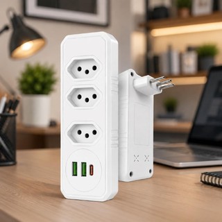 Extensão Elétrica, Régua Tomada, Régua de Energia, Adaptador de Tomadas, 3 Tomadas, 2 Interfaces USB, 1 Porta USB Tipo-C