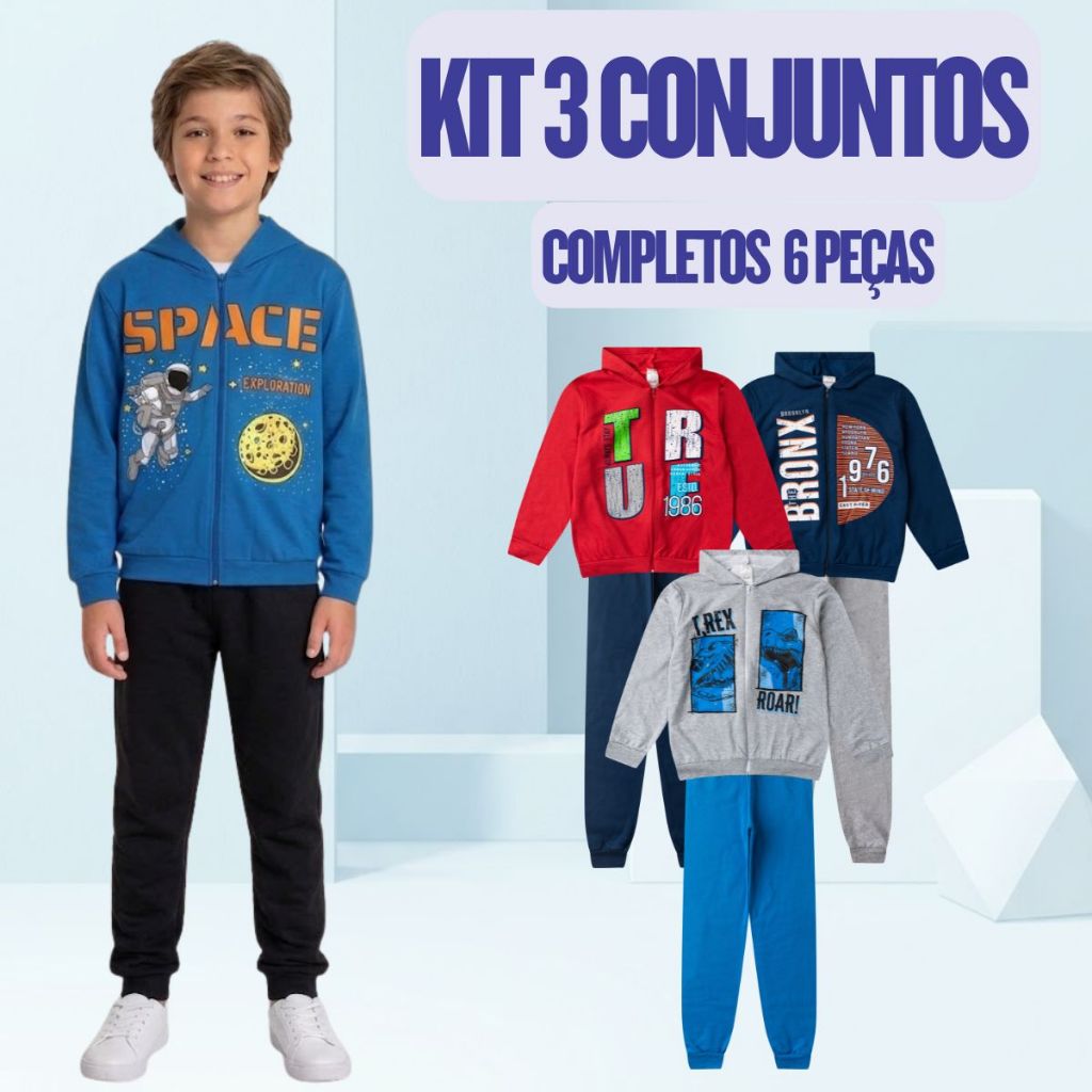 Kit 6 Peças Calça e Casaco Infantil Masculino Moletom Menino 3 Conjuntos Juvenil 10 a 14 anos Roupa