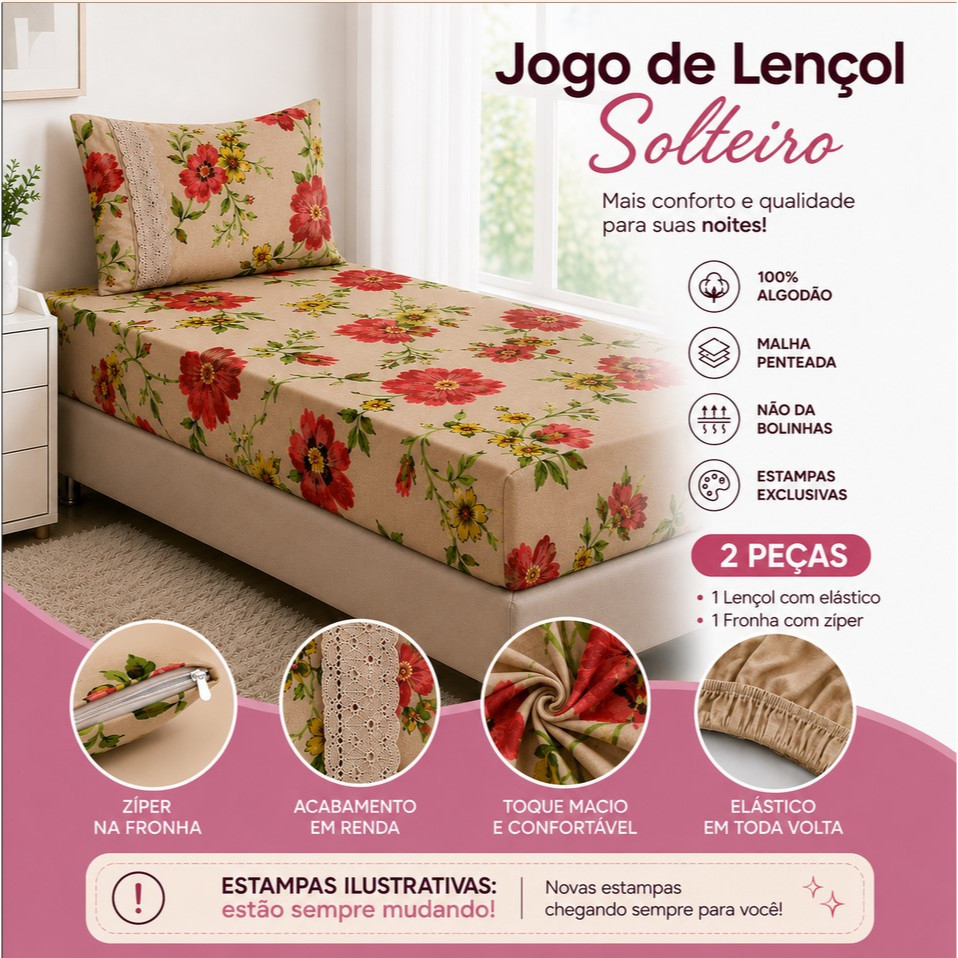 Kit 3 Jogo Lençol Solteiro Malha Estampada 2 Peças e Fronhas com Zíper