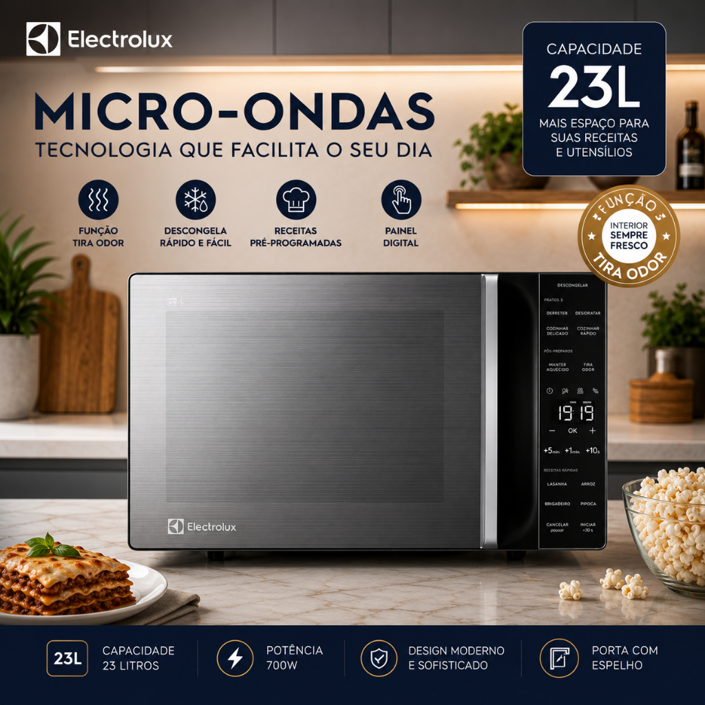 Micro-ondas Electrolux 23L ME23S Inox Efficient Descongelamento Assistido Painel Digital Original