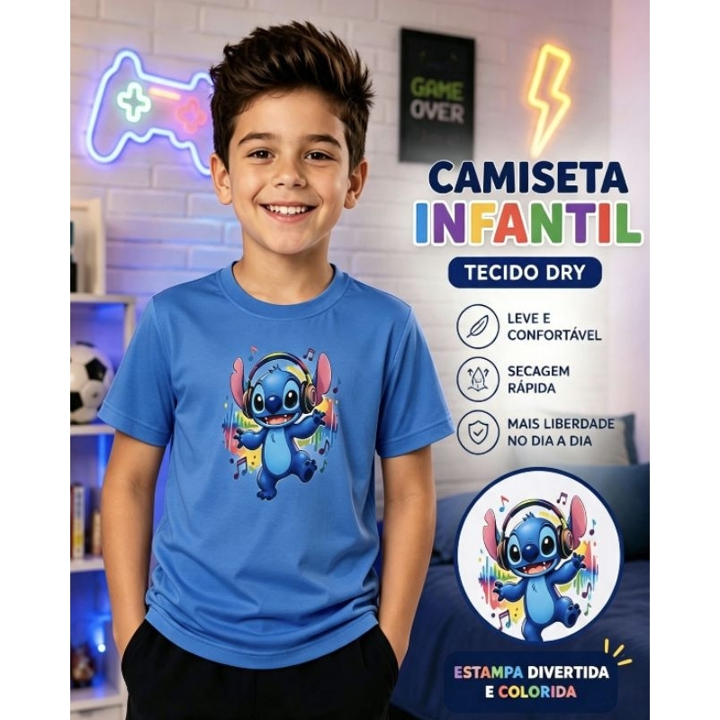 Camiseta Dry fit infantil juvenil | masculino| tecido confortável esportivo | estampa stitch| Tamanhos 4,6,8,10,12 e 14