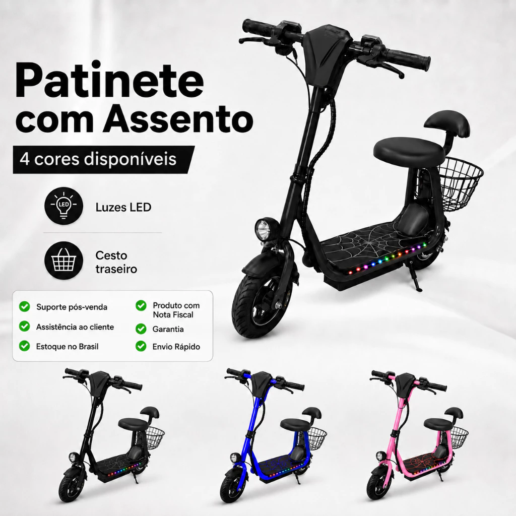 Patinete Elétrico Suporta ate 80kg Infantil 250W Mini Scooter Bluetooth LED Colorido Freio Farol Cesto — imagem 1